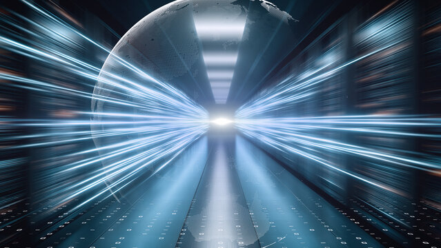 Fiber optic communication passing through virtual space, digital globe and server room