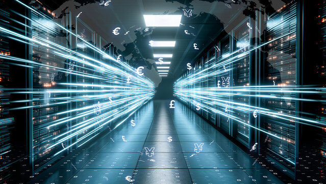 Future financial network where digital currencies intersect with light-speed communication - Powered by Adobe