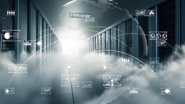 Fiber optic communication passing through virtual space, digital globe and server room