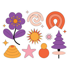 Flat vector collection of children cute boho stickers set rainbow sun and flower bohemian style icons trendy patterns ornaments isolated on beige background perfect for art designs