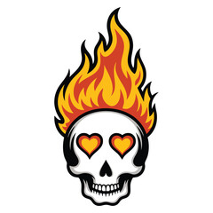 Funny romantic skull with flames and hearts vector cartoon illustration perfect for gothic love theme halloween or fantasy fiery romance creative artwork