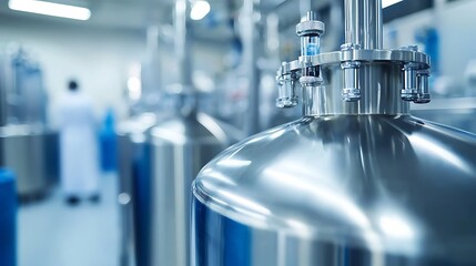 Close up of stainless steel industrial tanks in a modern factory setting.