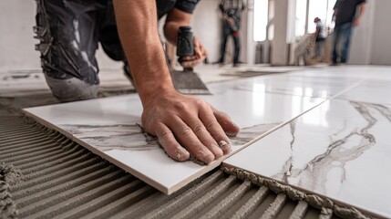 Worker installing ceramic tiles on floor with tools construction renovation concept