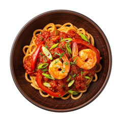 Spaghetti with Shrimp and Vegetables in Brown Bowl Top View Italian Cuisine Delightful Meal on Transparent Isolated Backdrop