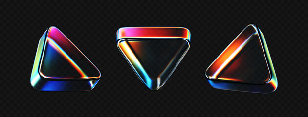 3D crystal glass triangles with holographic neon gradient and prism reflection. Render futuristic transparent triangles for UI, media buttons, tech design, digital backgrounds. 3d vector figure