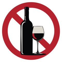 No alcohol prohibition vector illustration forbidden sign with wine bottle and glass glyph icon negative space isolated design stop silhouette concept