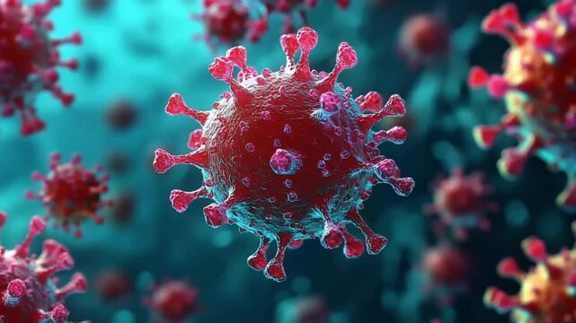 3D render of Coronavirus COVID-19 pathogen causing global pandemic floating in a microscopic biological environment symbolizing disease outbreak and medical research