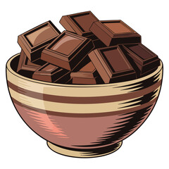 Vector illustration of bowl with melted chocolate cubes and bar pieces cartoon glass plate design perfect for dessert candy and cooking creative concepts