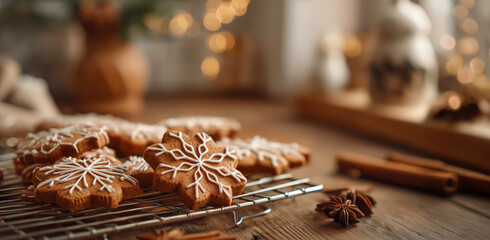 Homemade christmas gingerbread cookies on a cooling rack in a cozy kitchen with warm spice tones and empty space for text