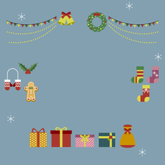 Fototapeta premium Stylish Christmas Decoration Illustration (Bells, Wreath, Garland, Presents) – no text, background（クリスマスイラスト）