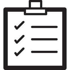 Black and White Icon of a Clipboard with a Checklist and Three Check Marks Isolated on a Transparent Background Represents Task Completion and Organization