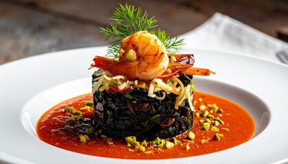 Artfully plated gourmet dish featuring black rice with a large grilled prawn, served in a rich red sauce and sprinkled with pistachios