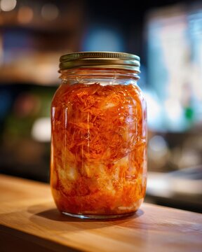 A vacuum jar ferments kimchi on a clean counter, bubbles sharp and bright.
