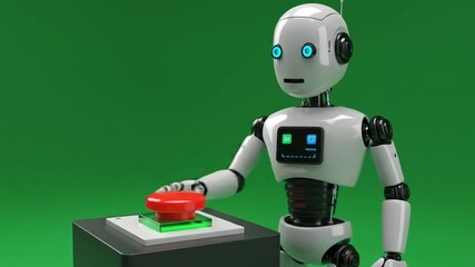 Futuristic robot pushing a red button in a critical decision process, showcasing AI and technology, with a green screen for easy editing