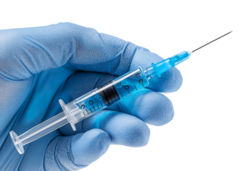 Hand in Blue Glove Holding Syringe Ready for Injection isolated on a transparent background