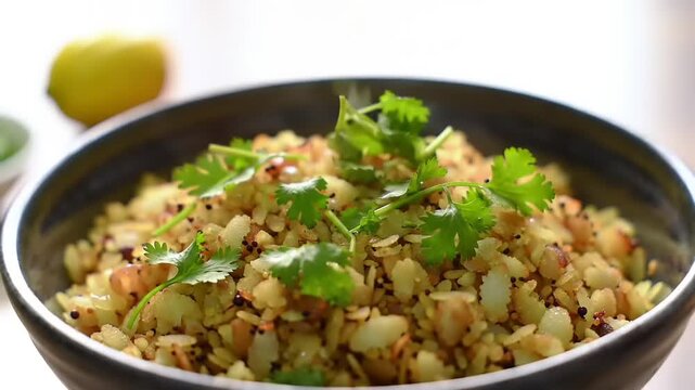 Adding fresh cilantro to Indian poha.