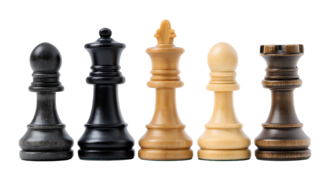 Diverse Wooden Chess Pieces Lineup Featuring Black and White Figures isolated on a transparent background