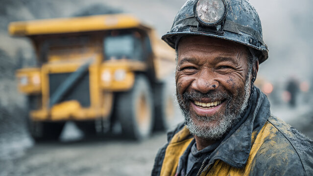 A smiling coal miner embodies strength, resilience, and pride, his face reflecting the harsh realities and unwavering spirit of his profession.