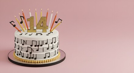 14th Birthday Cake with Musical Notes and Candles on Pink Background