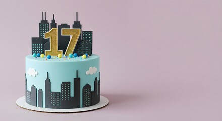 17th Birthday Cake with City Skyline and Glitter Numbers