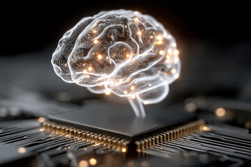 Close up of a glowing neural brain model resting on a microchip, illuminated by tiny amber lights, symbolizing artificial intelligence, innovation, and futuristic technology and concept.