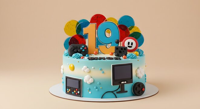 19th Birthday Gaming Cake with Video Game Controller and Retro Console Decorations