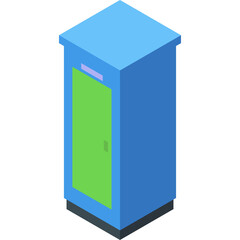 Blue portable toilet cubicle with green door and light purple panel isometric view on transparent background