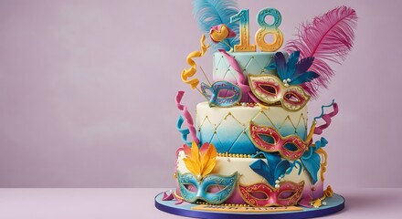 Elegant 18th Birthday Cake with Venetian Masks and Feathers