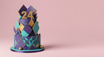 Elegant 24th Birthday Cake with Geometric Design and Gold Accents