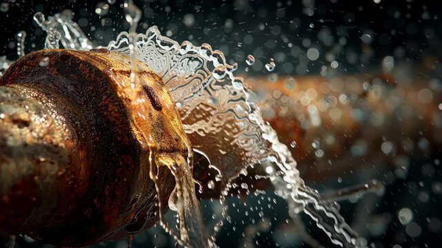 Water burst erupts from old rusted pipe in dramatic highspeed sequence with dynamic lighting and motion effects
