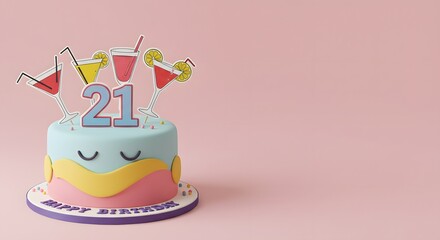 Fun 21st Birthday Cake with Cocktails and Confetti on Pink Background
