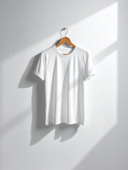 Simplicity in Focus: Close-Up Front View of a Crisp White T-Shirt on a Wooden Hanger Bathed in Soft Natural Light