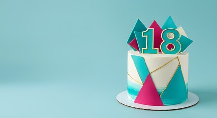 Modern 18th Birthday Cake with Geometric Decorations and Gold Accents