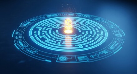 Glowing dollar sign in futuristic digital blue maze with sparks on dark background
