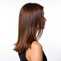 Naklejka premium Profile portrait of a young woman with long silky brown hair on a white background
