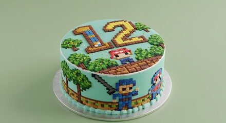 Pixelated Birthday Cake for 12th Birthday with Video Game Theme