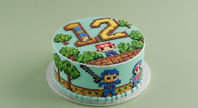 Pixelated Birthday Cake for 12th Birthday with Video Game Theme