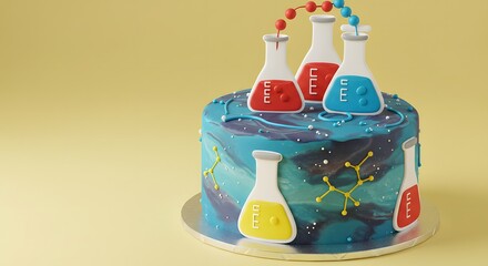 Science Themed Birthday Cake with Beakers and Molecular Structures