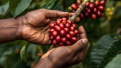 Hands holding ripe red coffee cherries on a coffee plant
