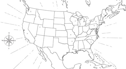 Outline map of the United States of America with states labeled, a compass rose, and radiating lines suggesting direction or connection