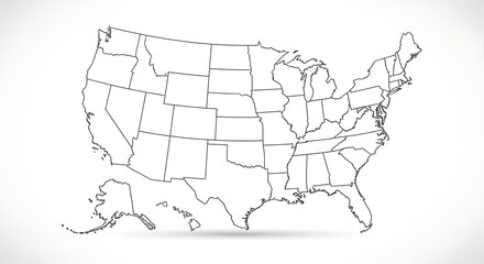 Outline Map of the United States of America with State Borders Clearly Defined on a Clean White Background, Perfect for Educational and Informational Purposes