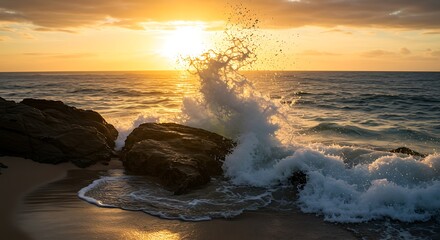 Fototapeta premium Sunset waves crashing on rocks