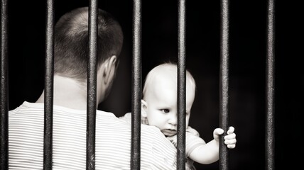 Father holding baby behind bars, symbolizing family separation, imprisonment, and innocence facing hardship