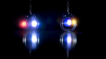 Handcuffs representing law, justice, crime, or arrest illuminated by police emergency lights on a dark reflective background