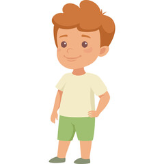Obraz premium Cartoon Illustration of a Young Boy with Red Hair Wearing a Cream T-shirt and Green Shorts Standing Against a Transparent Background