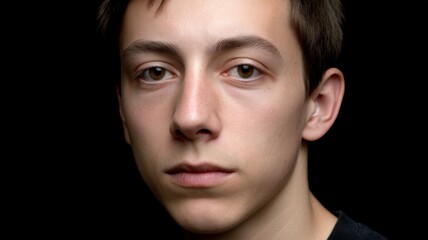Young man face portrait looking forward with serious expression on black background, contemplating