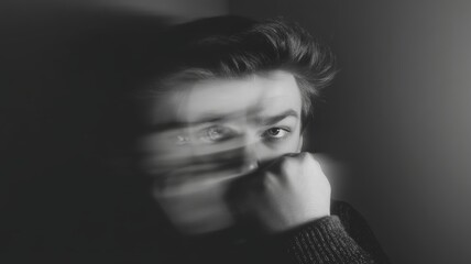 Young man covering part of his face, portraying internal struggle and emotional stress with a sense of urgent panic