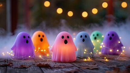Colorful Halloween Ghosts with Fairy Lights and Fog on Rustic Wood