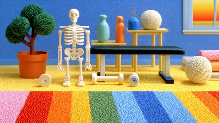 Skeleton standing in a colorful fitness room with gym equipment and a rainbow rug, illustrating health and exercise