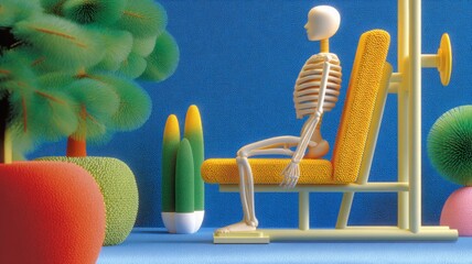 Skeleton sitting on a textured exercise machine in a surreal, colorful, abstract gym environment, feeling tired
